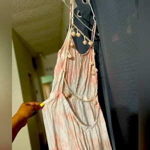 Pink tie die long summer backless dress